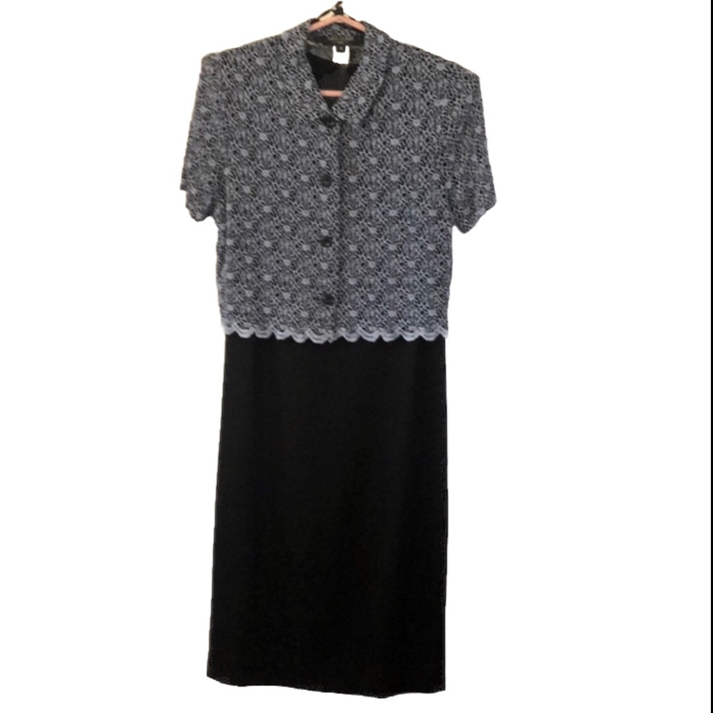 Miss Dorby black sheath dress with black and blue gray jacket size 10